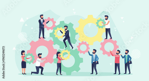 Teamwork and collaboration: people working together with gears, business concept illustration