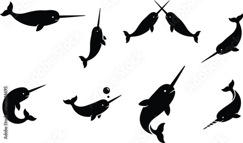 Narwhal silhouette icons set, Arctic sea unicorn whale in various poses, swimming and diving marine mammal vector illustrations for ocean conservation, nautical design, and nature education