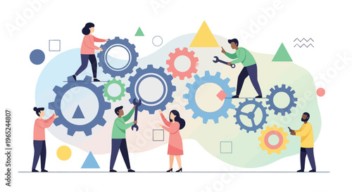 Teamwork and Collaboration: People working together with gears, symbolizing synergy and business success