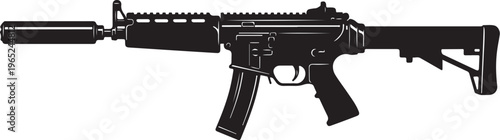 Black assault rifle, modern firearm, vector illustration, gun silhouette, weapon design