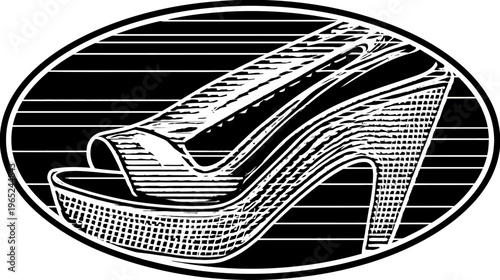 High-heel shoe design within an oval, graphic, black and white illustration