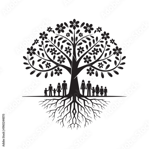 Conceptual Family Tree Silhouette With Deep Roots and Flourishing Floral Branches Illustration. 