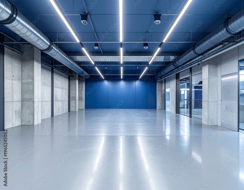 Obraz premium Empty Modern Blue and Gray Interior with Fluorescent Lights and Ventilation Ducts