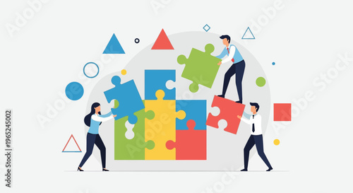 Teamwork assembling a colorful puzzle, representing collaboration, strategy, and problem-solving.