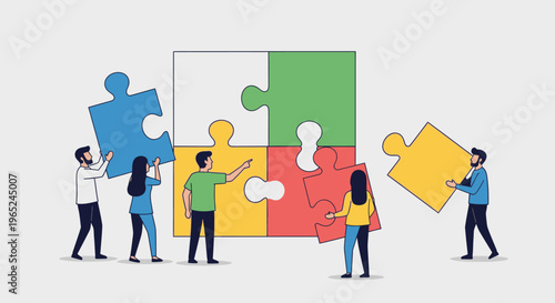 Teamwork assembling a colorful jigsaw puzzle, symbolizing collaboration and problem-solving