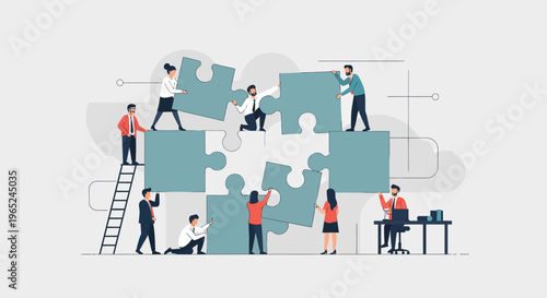 Teamwork assembling a giant jigsaw puzzle, business strategy and collaboration concept