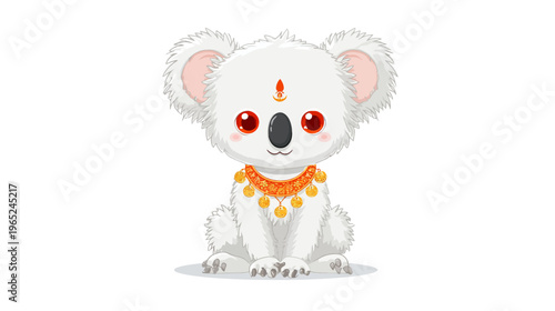 Adorable cartoon koala with white fur, big red eyes, decorative forehead mark, and jeweled necklace