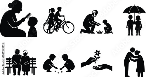 Family Relationship and Human Kindness Silhouette Icons, Intergenerational Love and Social Care Pictograms, Elderly and Children Support Vector Set for Community and Charity Designs
