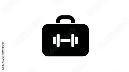 Black and white icon depicts a briefcase shape with a dumbbell symbol on a white background