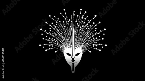 A stylized mask with a stylized explosion of lines and dots against a stark black backdrop