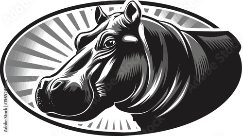 Grayscale hippo head illustration in front of a radiating oval background