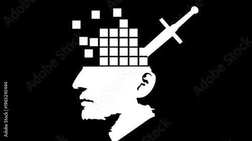 Silhouette art of a man's head with an open top where a sword pierces through, brain elements