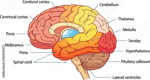 Human Brain Anatomy Diagram with Labeled Parts Cerebral Cortex Cerebellum Thalamus Hypothalamus Medulla and Spinal Cord Medical Education Vector Illustration