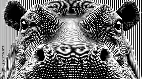 Striking monochrome art of a hippo's face, delineated with patterned lines on a striped background