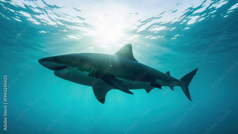 Fototapeta premium Apex Predator Great White Shark swimming in sunlit ocean for marine biology research