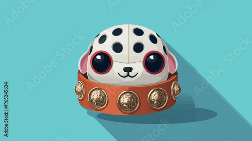 Adorable cartoon character with large eyes, spots, ears, and a decorative orange collar