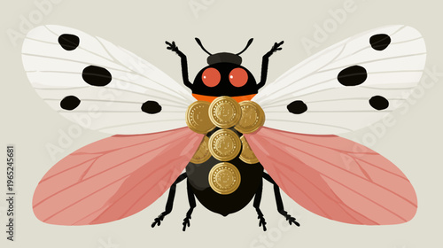 A stylized illustration features an insect-like creature with coin accents and outstretched arms