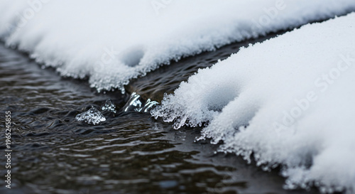 Snow-covered banks with flowing water in winter landscape  