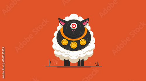 A cartoon sheep with a single eye, wearing a necklace with coins, and standing on grass
