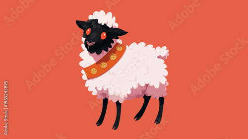 A stylized illustration of a sheep with a black head and red eyes, adorned with a collar