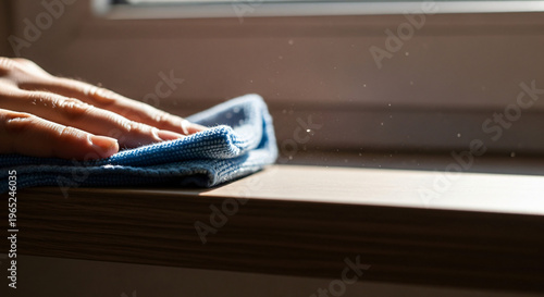 Hand cleaning wooden surface with blue cloth in sunlight  