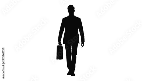 Full body silhouette of a professional man in formal attire carrying a briefcase while moving.