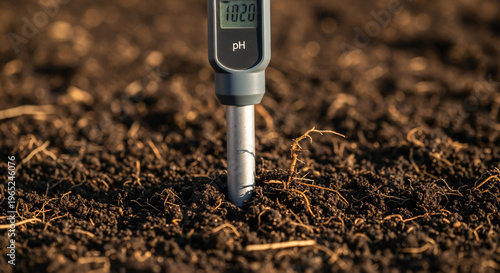 Soil pH meter inserted in rich brown soil during daylight  