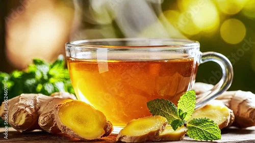Hot ginger tea with mint leaves in glass cup on rustic wooden table , seamless loopable 
