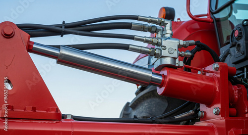 Hydraulic cylinder on red construction equipment with hoses connected  