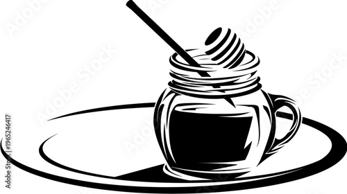 Black-and-white vector art of a honey jar with dipper on a circular base