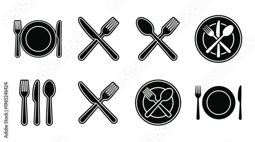 Elegant black cutlery and dinnerware icons set forks knives spoons and plates for restaurant or catering design