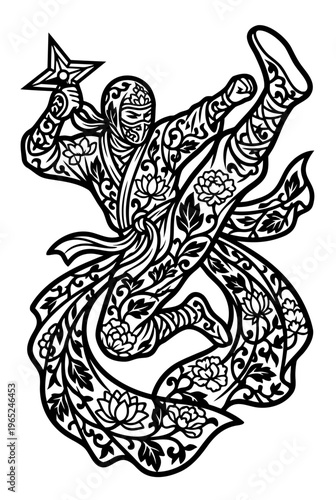 Stylized Ninja Warrior in Dynamic Kick Pose with Shuriken, Intricate Floral Botanical Patterns, Ornate Vector Silhouette for T-shirt Print, Tattoo Flash, and Vinyl Decals