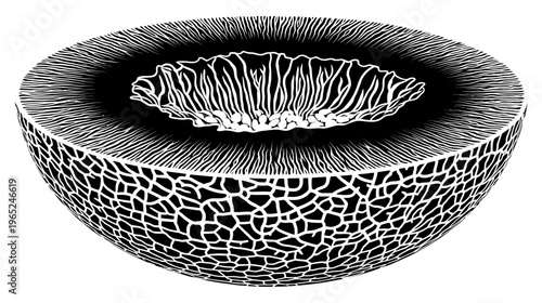 A monochrome cross-section drawing of a fruit or melon with textured rind and interior