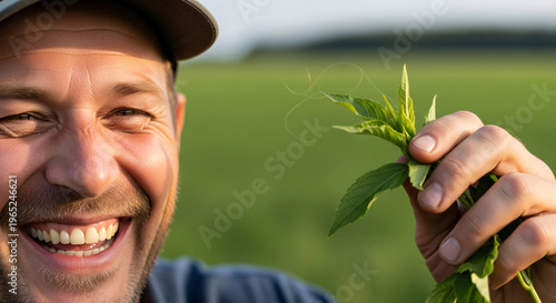 Smiling man holding fresh herbs in green field during daylight  