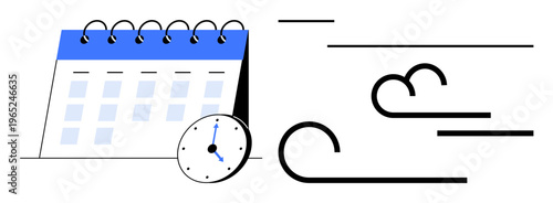 Time management, planning, scheduling, task prioritization, project deadlines, efficiency. Spiral calendar with clock and abstract wind lines. Time management and planning visualization concept