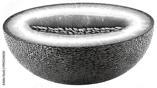 Engraved halved melon showing seeds and striations