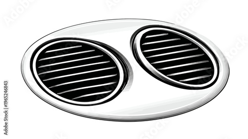 An oval chrome air vent with horizontal slats. A cartoon illustration on white