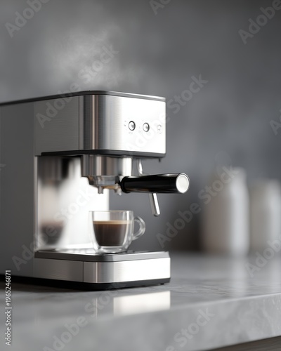 Compact espresso machine, sleek silver, minimalist kitchen counter, coffee steam