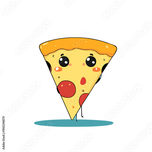 Cute Pizza Slice Cartoon Character on Blue - Smiling Food Icon with Pepperoni Toppings, Comic Style Illustration for Menu Design, Restaurant Marketing and Kid-Friendly Graphics