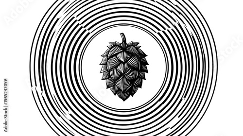 Black-and-white graphic of a hop cone surrounded by circular optical distortion