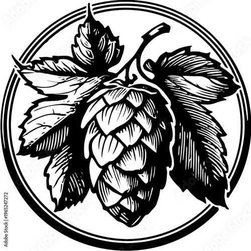 A black and white drawing of a hop cone with leaves inside a thick double circle