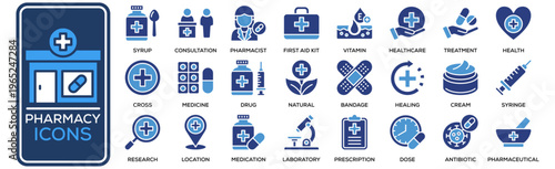 Pharmacy Icon Set Collection. Containing Design Pharmacy, Cross, Consultation, Bandage, Pharmaceutical 