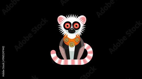 A stylized illustration of a ring-tailed primate with white fur, big orange eyes, and striped tail