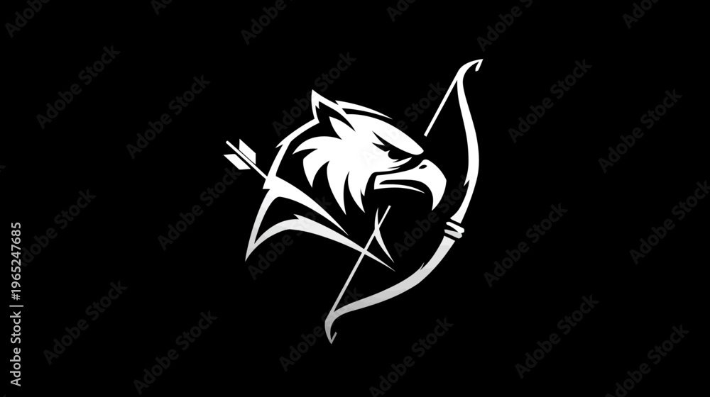 Fototapeta premium A monochrome illustration features a stylized eagle with bow and arrow, on a black backdrop