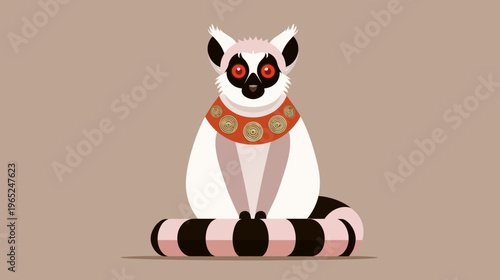 A cartoon lemur with large red eyes, wears a collar with gold circular adornments, and striped tail