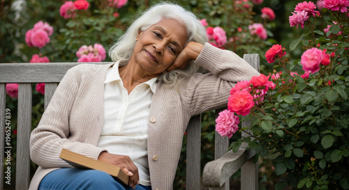 Elderly woman relaxing on a bench surrounded by blooming roses  