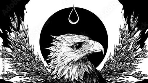 A black and white illustration of a bird of prey within a circle, flanked by stylized foliage