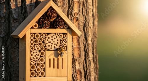 Insect hotel attached to tree trunk in early morning sunlight  