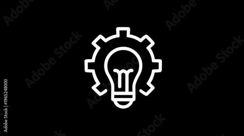 A simple, white outline of a lightbulb enveloped by a cogwheel, set against a black backdrop