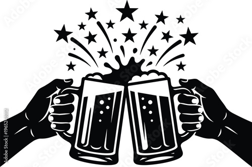 American independence day celebration Black and white of two hands clinking beer glasses with starburst celebration
